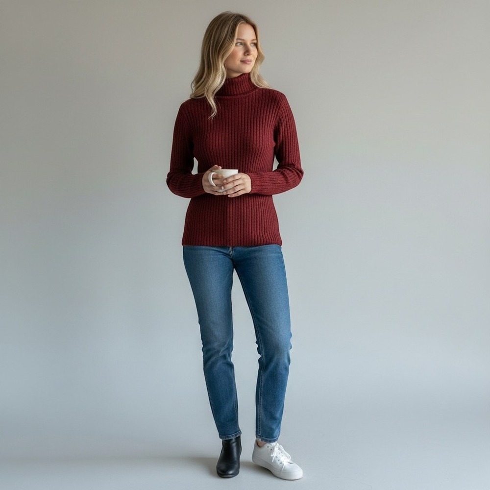Kim Rogers ribbed turtleneck pullover sweater marled burgundy wine L layering